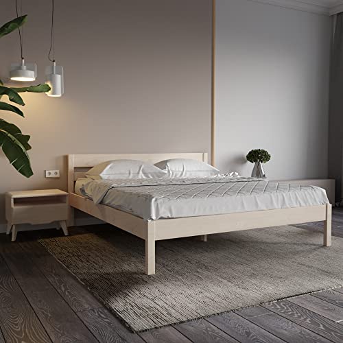 Träsäng i Külli Scandi-stil på 200 x 200 cm av obehandlad hård FSC®-björk, massivt trä – över 700 kg – enkelsäng, sängram med hög sänggavel – barnsäng, ungdomssäng, gästsäng